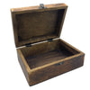 Large ceramic glazed wooden box in dark brown with black metal hinges and latch for concrete storage or decor