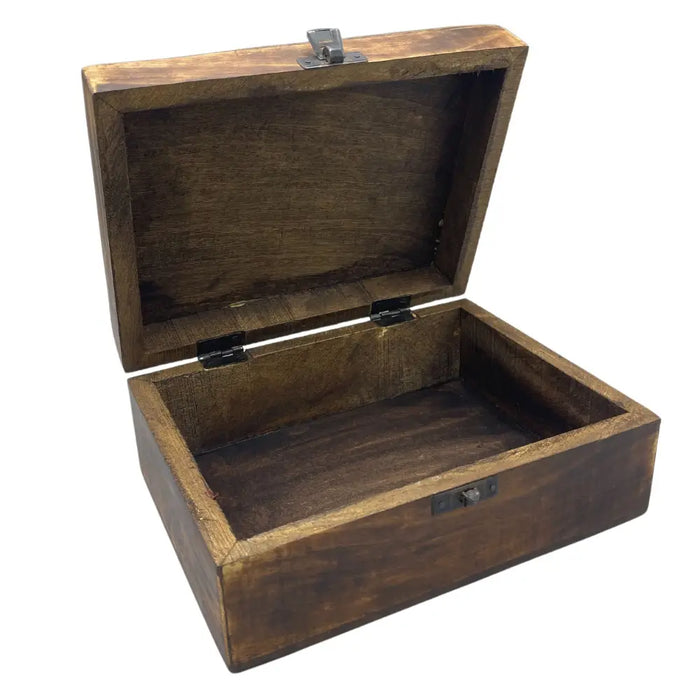 Large ceramic glazed wooden box in dark brown with black metal hinges and latch for concrete storage or decor