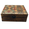 A large rectangular ceramic glazed wooden box with a dark brown finish and traditional persian patterned lid
