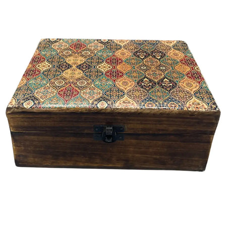 A large rectangular ceramic glazed wooden box with a dark brown finish and traditional persian patterned lid