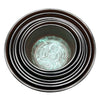 Set of seven singing bowls in teal and silver with a large chakra design featuring a blue bowl at the center
