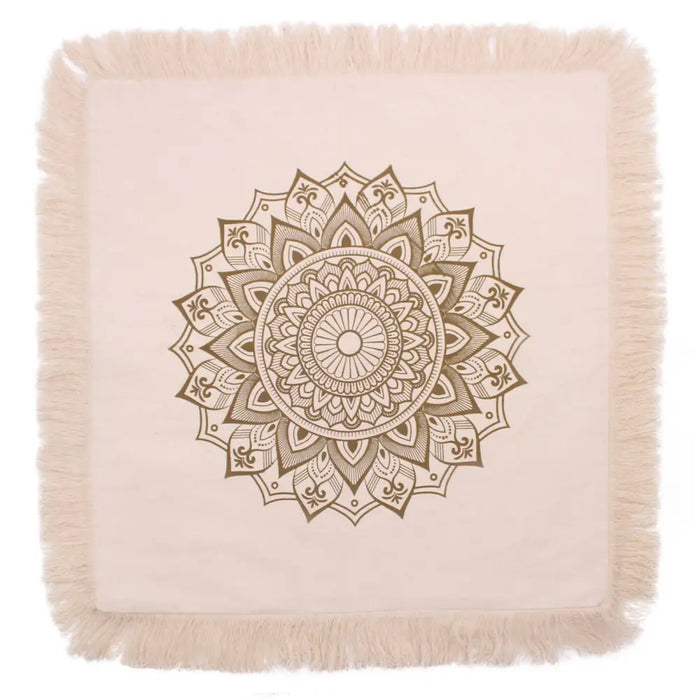 Beige cotton cushion cover 60cm with detailed brown lotus mandala design and fringed edges