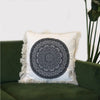 Cream cotton 60cm cushion cover with black mandala design and frayed edges in a traditional style