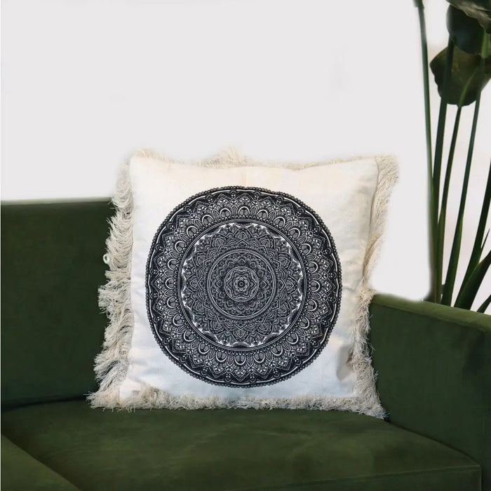 Cream cotton 60cm cushion cover with black mandala design and frayed edges in a traditional style