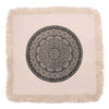 A beige cotton cushion cover 60cm with a black mandala design and fringed edges in a square shape