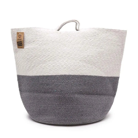 Large cotton rope laundry and storage basket in white and grey made from woven indian cotton rope