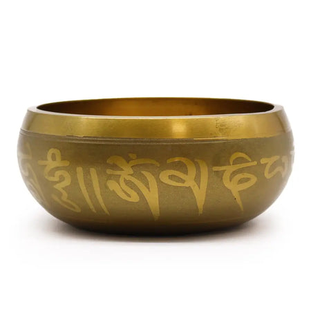 A large golden tibetan singing bowl with engraved sanskrit script used for sound healing and meditation