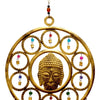 Large indian brass chimes with a golden buddha face head wind chime featuring colorful beads and 15 bells