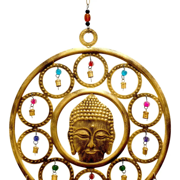 Large indian brass chimes with a golden buddha face head wind chime featuring colorful beads and 15 bells