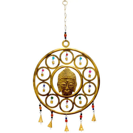 Large indian brass chimes featuring a golden buddha face wind chime with colorful beads and 15 small bells