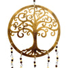 Large indian brass tree of life wind chime with golden metal cut-out design and cream dark brown dangling beads