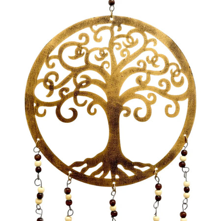 Large indian brass tree of life wind chime with golden metal cut-out design and cream dark brown dangling beads