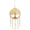 Large brass tree of life wind chime with golden metal, intricate cutout design, dangling beads, and five triangular bells