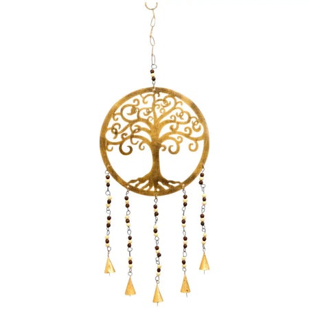 Large brass tree of life wind chime with golden metal, intricate cutout design, dangling beads, and five triangular bells
