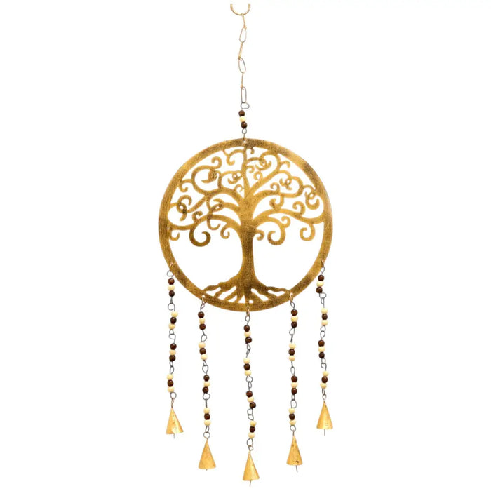 Large brass tree of life wind chime with golden metal, intricate cutout design, dangling beads, and five triangular bells
