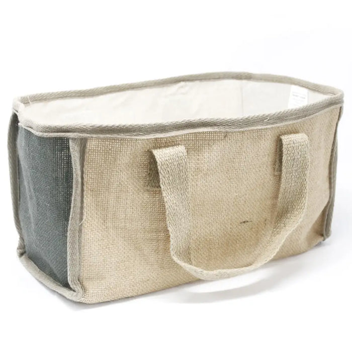 Beige and gray large jute and cotton woven shopping basket with sturdy handles for carrying and storage