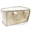 Beige woven canvas large jute and cotton shopping basket with reinforced gray trim and sturdy handles