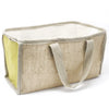 Large jute and cotton shopping basket in beige and lime green woven burlap with sturdy handles for storage use