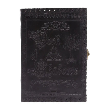 Black leather notebook with embossed gothic lettering and mystical symbols, large 10x7 book of shadows design