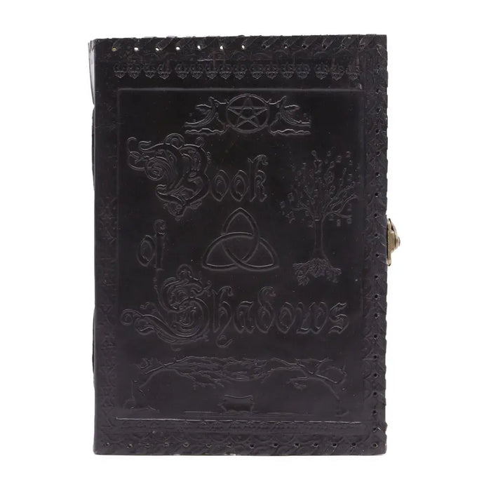 Black leather notebook with embossed gothic lettering and mystical symbols, large 10x7 book of shadows design
