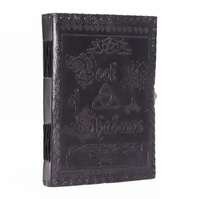 Black leather notebook embossed with occult symbols titled book of shadows large 10 by 7 inches size