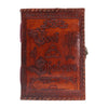 Large dark tan leather notebook with embossed book of shadows title and pentagram triquetra tree designs