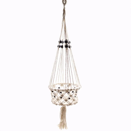 Beige macrame pot holder with black beads and tassel made of cotton for hanging large plants indoors or outdoors