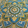 Large mandala roundy art fabric with vibrant blue green and yellow paisley patterns measuring 180cm