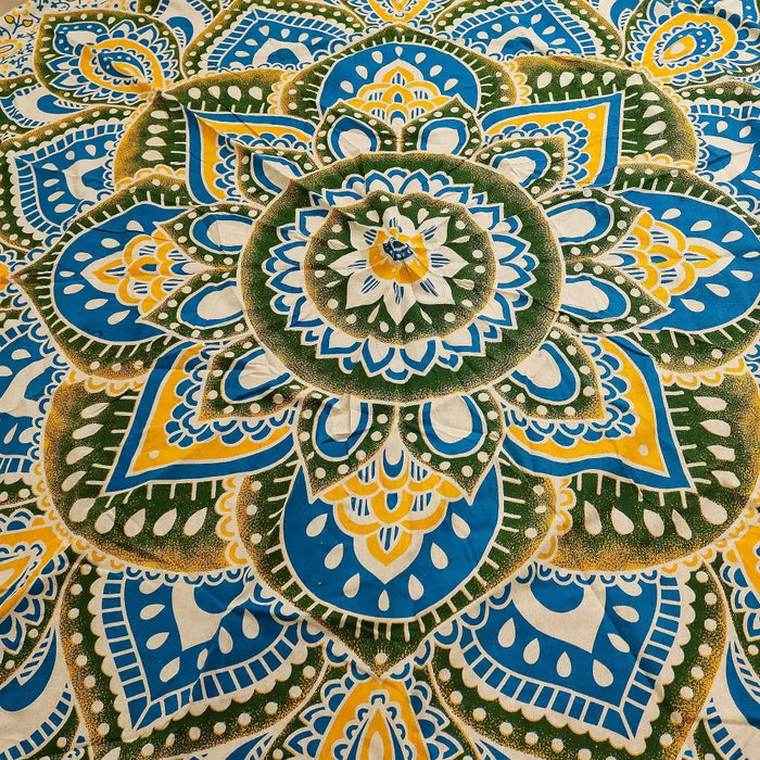 Large mandala roundy art fabric with vibrant blue green and yellow paisley patterns measuring 180cm