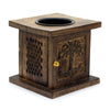 Dark brown mango wood large box oil burner with tree of life carving and lattice pattern on the sides