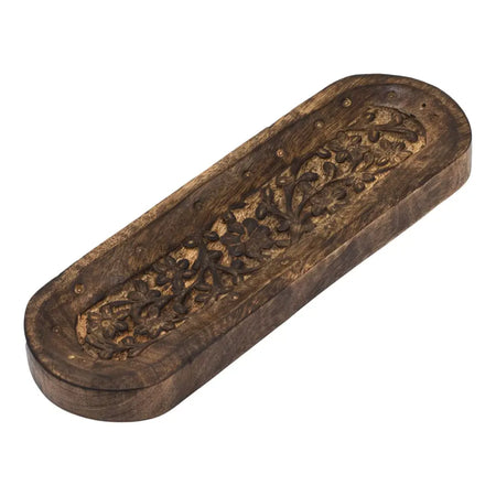 Large mango wood incense burner with hand-carved floral and leaf patterns in rich dark brown wood incense design