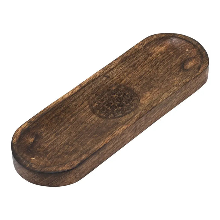 Dark brown mango wood incense tray with carved floral mandala design for wood incense burning and display