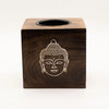 Dark wood tissue box with carved buddha face design made from mango wood for wood oil burner use