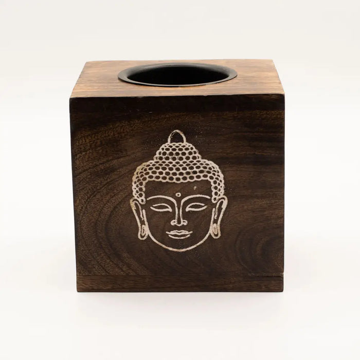 Dark wood tissue box with carved buddha face design made from mango wood for wood oil burner use