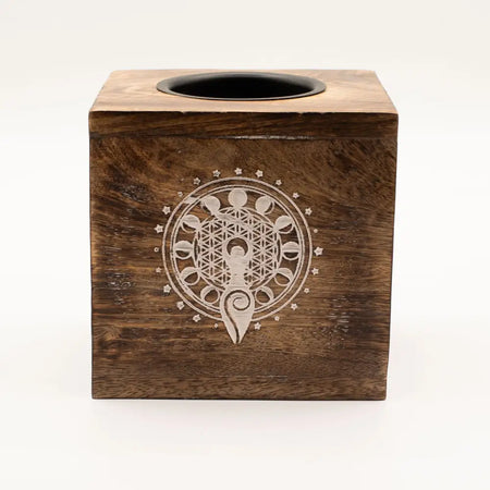 Dark brown mango wood oil burner with carved silver flower of life and moon goddess design on tissue box