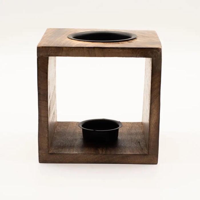 Brown mango wood oil burner cube with black top opening and bowl on lower shelf from moon goddess collection