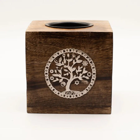 Dark wood mango wood oil burner with silver engraved tree of life design and tissue box style shape