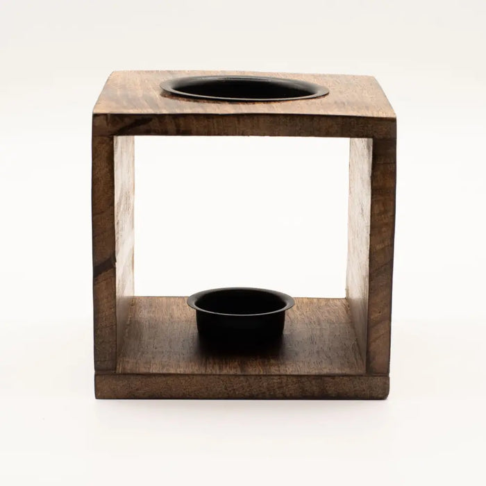 Brown mango wood oil burner cube with two black circular holders for large wood oil burning