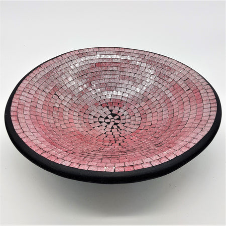 Large mosaic tile dish in pink with silver glass tiles and a black rim made of mosaic glass bowl