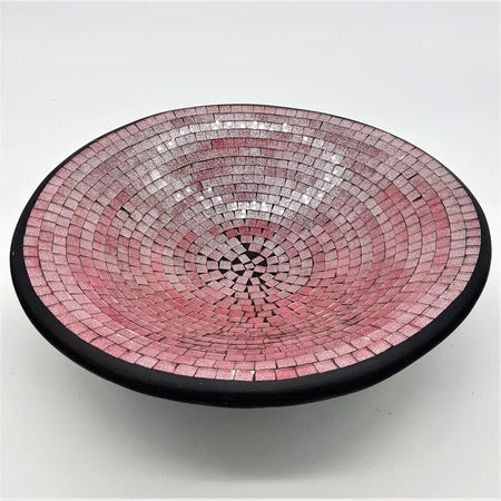 Large mosaic tile dish in pink with silver glass tiles and a black rim made of mosaic glass bowl