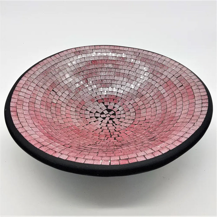 Large mosaic tile dish in pink with silver glass tiles and a black rim made of mosaic glass bowl
