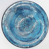 Large mosaic tile dish with circular blue and silver glittery textured tiles in concentric rings