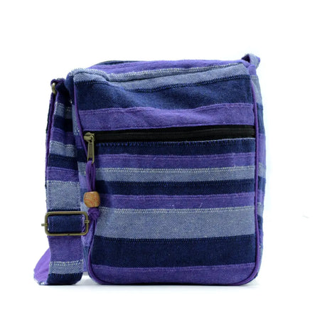 Large nepal sling bag with purple and navy stripes woven fabric and wooden toggle closure deep sea blues design