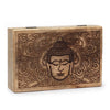 Large rectangular wooden box with hand carved buddha face and black engraved mandala patterns on natural wood surface