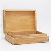 Large rectangular wooden box with hinged lid and interior compartments featuring black engraved hamsa hand design