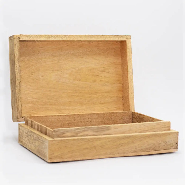 Large rectangular wooden box with hinged lid and interior compartments featuring black engraved hamsa hand design