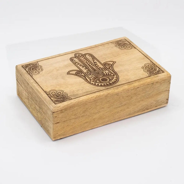 Large rectangular wooden box with natural brown finish featuring a black engraved hamsa hand and floral patterns