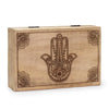 Large rectangular wooden box with natural brown finish featuring a black engraved hamsa hand and paisley patterns