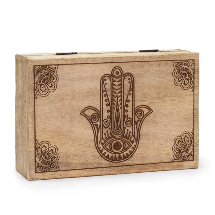 Large rectangular wooden box with natural brown finish featuring a black engraved hamsa hand and paisley patterns
