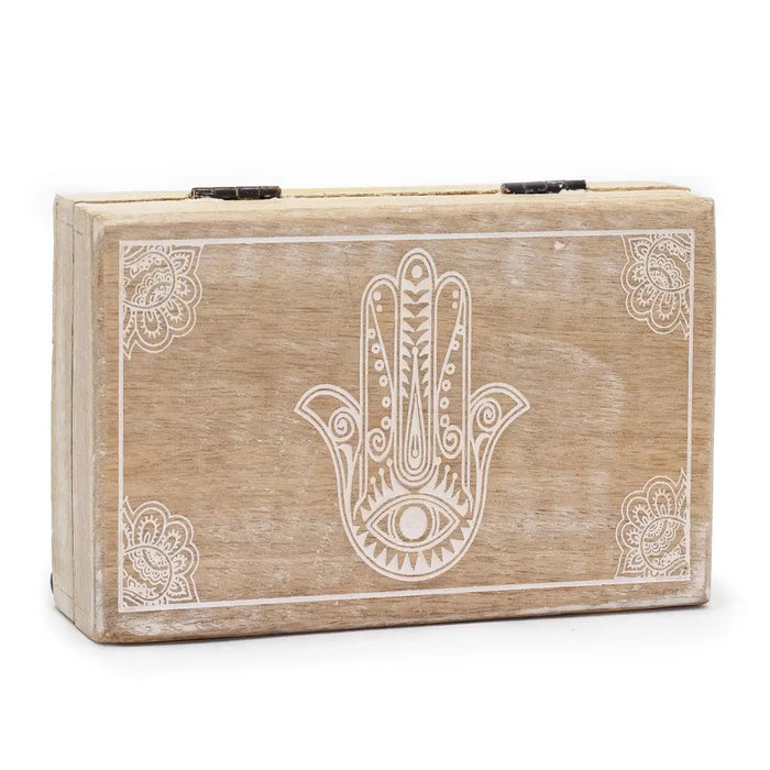 Large rectangular wooden box in rustic light brown with white engraved hamsa hand and floral patterns